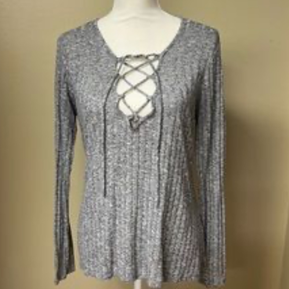 BKE Gray Lace-Up Knit Blouse
